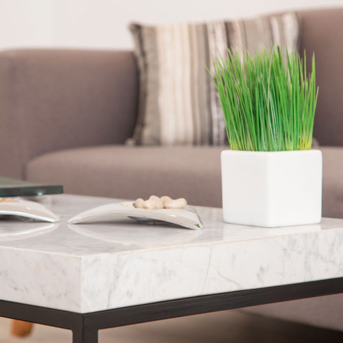 Mesa de mármol; acercamiento a un mueble blanco con maceta en una sala