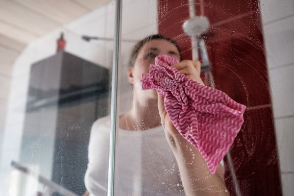 Mamparas de baño a medida; una mujer limpiando con un trapo la mampara.
