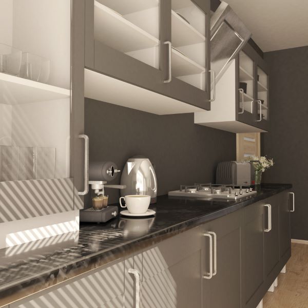 muebles de cocina con granito; vista tipo diagonal de la cocina con muebles de granito y otros accesorios