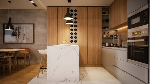 Diseño de interiores con mármol; cocina en madera con mármol creando contraste
